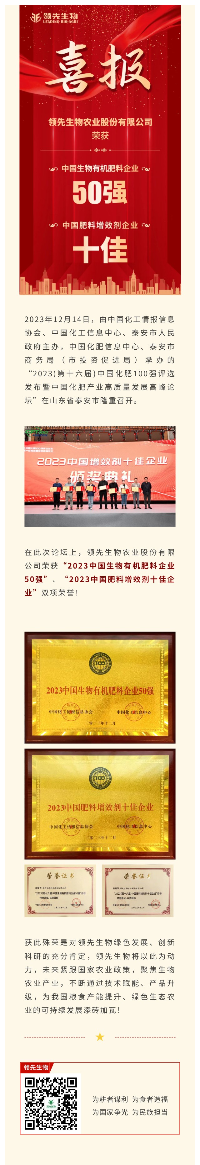 實力上榜 | 領先生物榮獲2023中國生物有機肥料企業(yè)50強！中國肥料增效劑十佳企業(yè)！